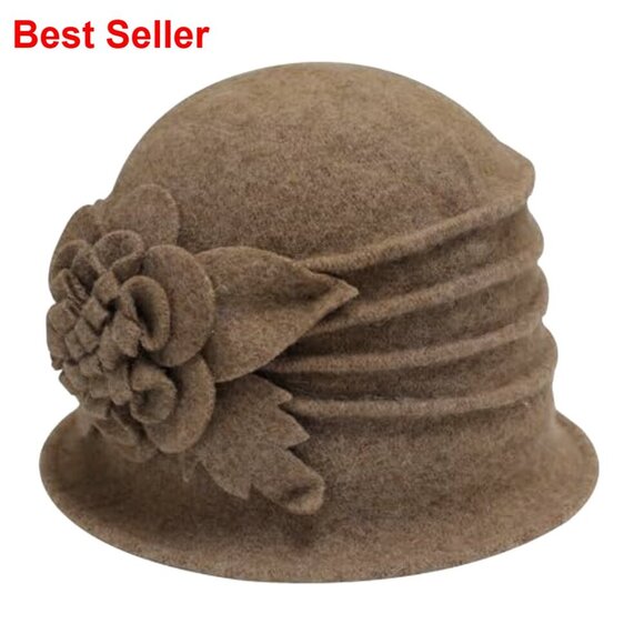 Wool Blend Vintage Winter Cloche Bucket Hat with Stitched Flower Accent main image 4